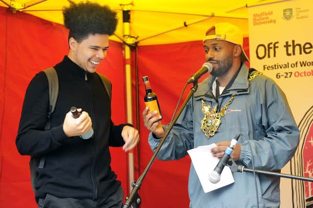 Otis Mensah being appointed poet laureate at Off the Shelf festival by Lord Mayor Magid Magid
