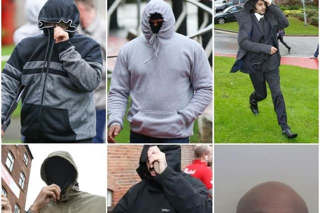 Top row (L-R): Salah Ahmed El-Hakam; Nabeel Kurshid; Tanweer Ali pictured outside court
Bottom row (L-R): Iqlak Yousef and Ali Akhtar outside court and custody image of Asif Ali