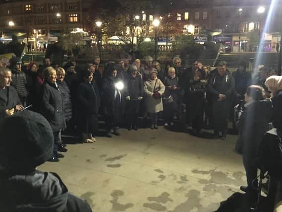 Dozens attend a vigil in Sheffield Peace Gardens. Picture: Coun Ben Miskell.