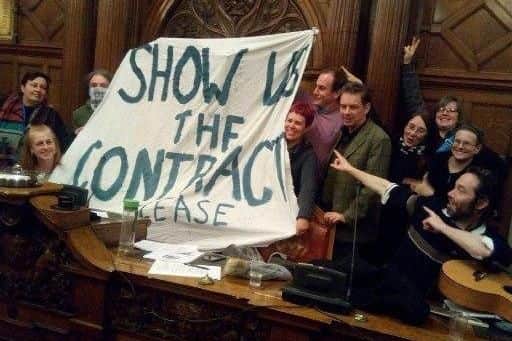 Sheffield tree protesters at a full council meeting calling to "show the contract" between Sheffield City Council and Amey