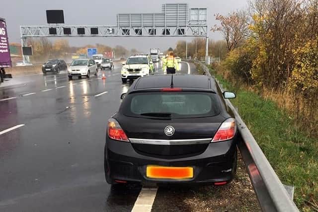 A car crashed after aquaplaning on the M1 near Sheffield yesterday