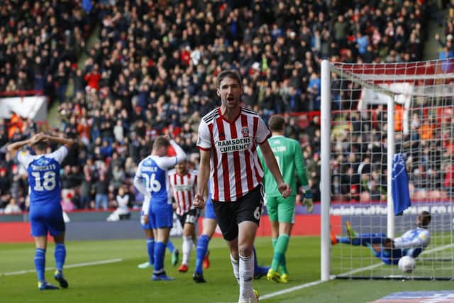 Chris Basham of Sheffield Utd celebrates after the first goal during the Sky Bet Championship match at Bramall Lane Stadium, Sheffield. Picture date 27th October 2018. Picture credit should read: Simon Bellis/Sportimage