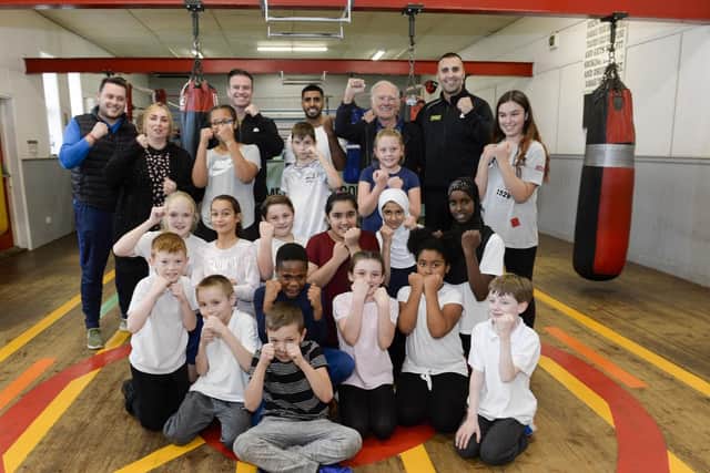 Amer Khan (back row, far right) with youngsters at the Ingle Gym in Wincobank