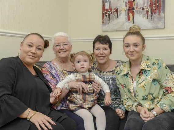 Five generations of the family from Walkley. Rita Barker, Lynne Nash, Rebecca Brelstaff, Charence Brelstaff ands Avayah Barker
