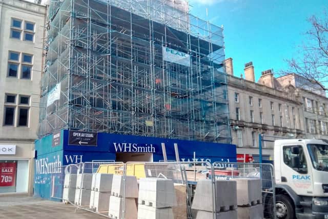 WHSmith on Fargate in Sheffield when the scaffolding was up. The stationer temporarily moved to Pinstone Street.