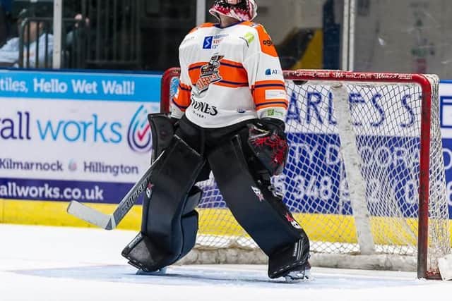 Matt Climie seeks inspiration in the first period of the Glasgow Clan v Sheffield Steelers at Braehead Aren. Picture: Al Goold (www.algooldphoto.com)