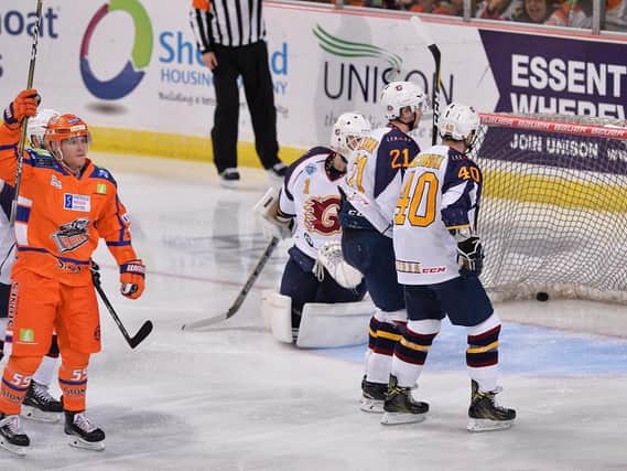 Sheffield Steelers' Eric Neiley, far left, celebrates a goal against Guildford. Picture: Dean Woolley.