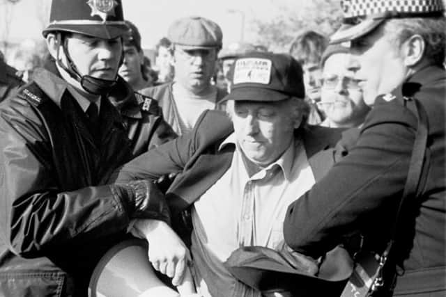Superintendent John Nesbit arrests Arthur Scargill, NUM President at Orgreave during the 1984-85 miners strike 30 May 1984
