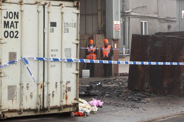 Police tape and floral tributes at the R S Bruce plant in Sheffield where Michael Dwyer was crushed to death (pic: Gabriel Szabo/Guzelian)