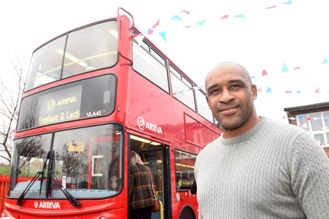 Ex Sheffield United player Brian Deane at the opening of 'Buster', a bus which has been converted into a library, at Athelstan Primary School. Pictures: Andrew Roe