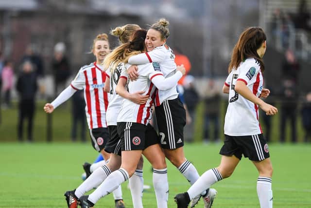 Sheffield United players celebrate their third goal of the game during the FA Women's Championship match at the Olympic Legacy Park Stadium, Sheffield.  Harry Marshall/Sportimage