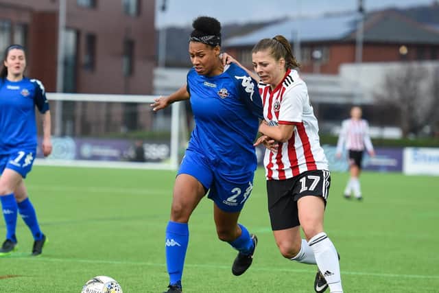 Veatriki Sarri of Sheffield United battles with Rebecca Thompson-Agbro of Lewes during the FA Women's Championship match at the Olympic Legacy Park Stadium, Sheffield.  Harry Marshall/Sportimage