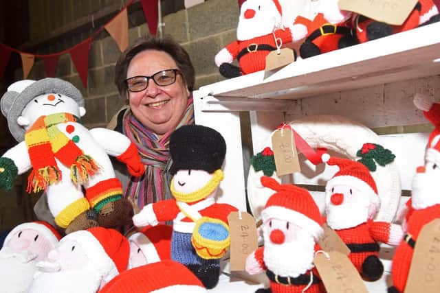 Annette Crook with her knitted teddy bears at the Whirlow Hall Farm Christmas Fayre