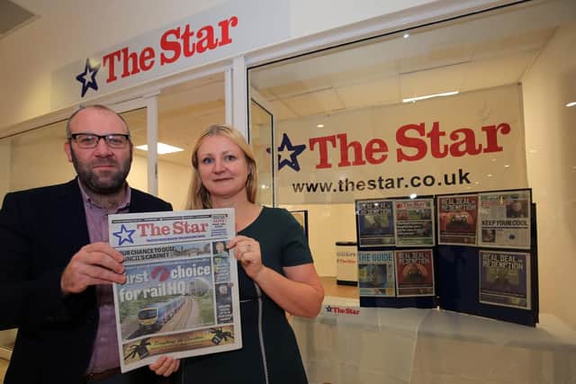 The Star pop-up newsroom at Crystal Peaks Shopping Centre. Pictured is Star Editor Nancy Fielder and Night Editor Chris Holt.