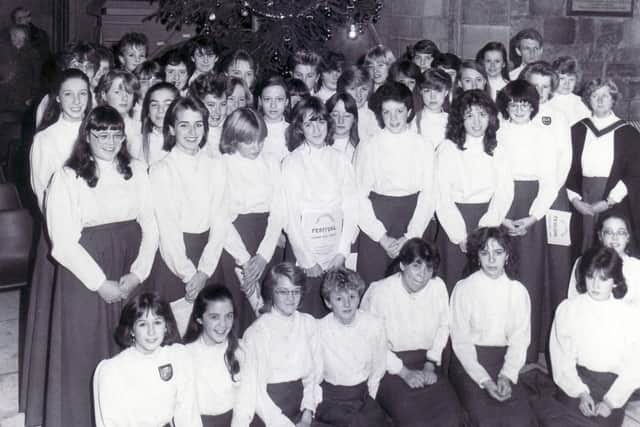 Pictured at the Sheffield Cathedral, where the City of Sheffield Girls' Choir, who won the "Sainsbury's Youth Choir of the Year 1984" competition, gave a concert for Christmas in aid of the NSPCC.  Seen is the Choir in front of the Christmas Tree.
23rd December 1984