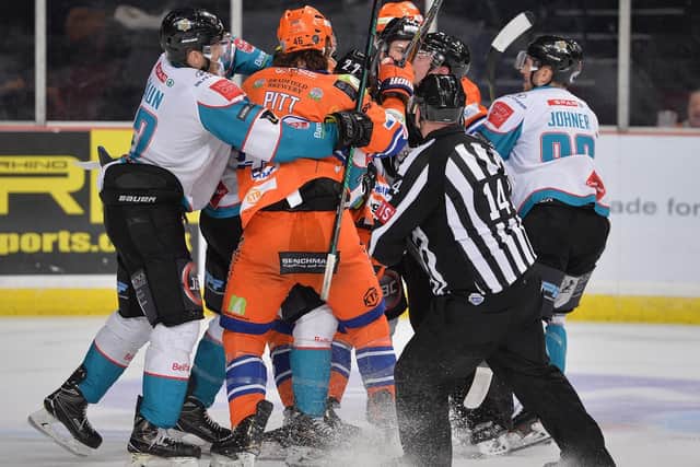 Josh Pitt in a tussle during the Belfast Giants game
