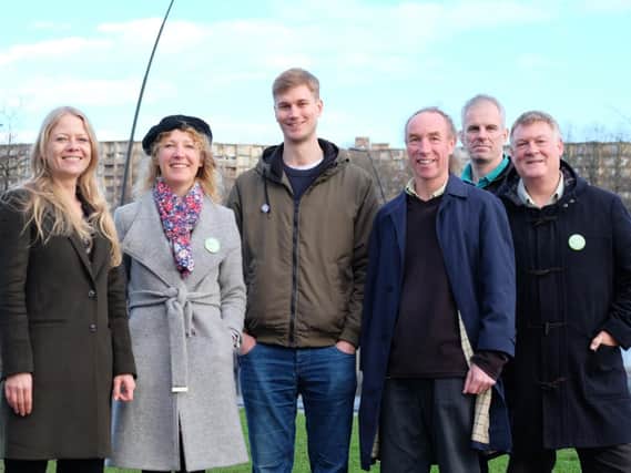 Green Party Co-leader Sian Berry with Sheffield Greens Ruth Mersereau, Cllr Martin Phipps, Cllr Douglas Johnson, Cllr Rob Murphy and Brian Holmshaw. Pic by Jamie Huddlestone