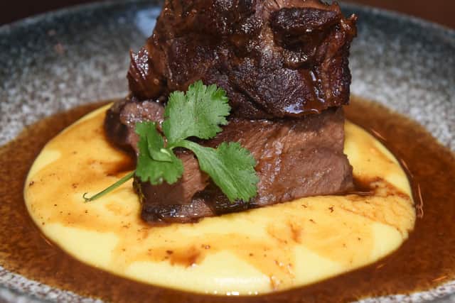 Ox cheek braised in red wine with polenta at the Bank House, Hathersage.