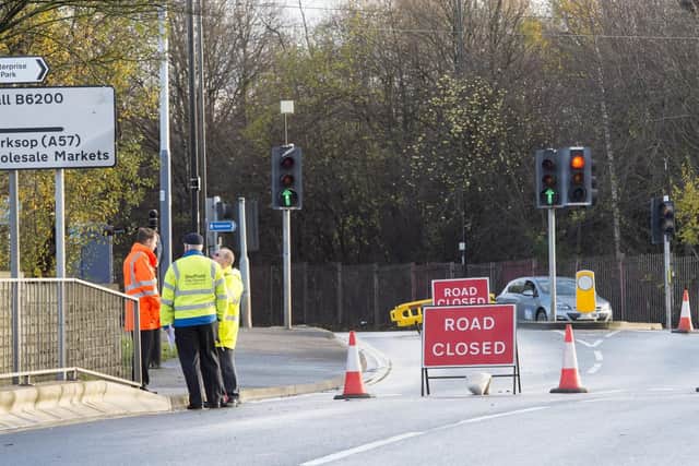 Road closure at Woodbourn Road at the Staniforth Road junction.