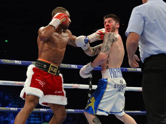 Flush on the jaw: Kell Brook v Michael Zarafa. Pictures by Dean Woolley