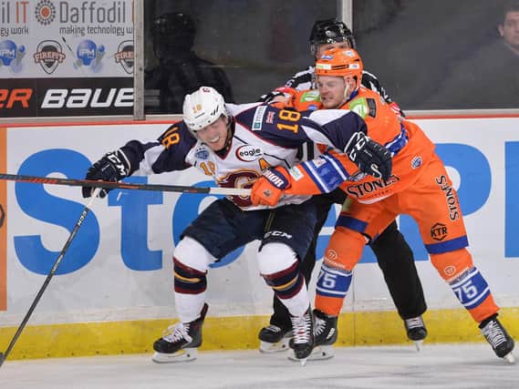 Sheffield Steelers v Guildford Flames. Robert Dowd challenges for the puck