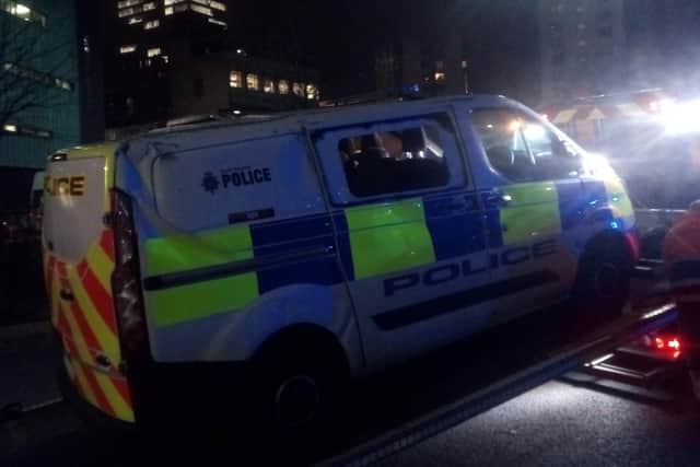 The damaged police car involved in a collision at Brook Hill roundabout in Sheffield on Tuesday night
