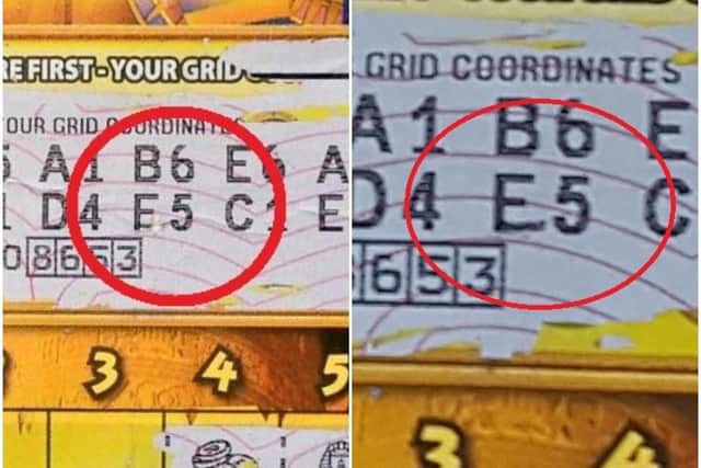 A photo of the scratchard supplied to the Star (left) and another photo of the winning card taken yesterday. (Photo: SWNS).