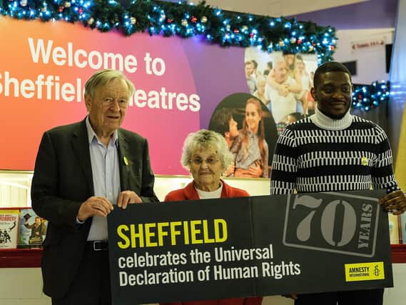 Alf Dubs, Sue Pearson and Pride Mbi Agbor at the Universal Declaratioin of Human Rights 70th anniversary at the Crucible in Sheffield.