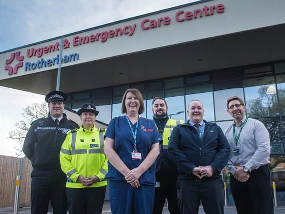 Chief Insp Paul Ferguson; Sgt Sharon Phin; Patricia Davies, team leader in the Urgent and Emergency Care Centre; Michael Moore, security team leader; Vicky Pearson, assistant security manager; Tony Bennett, security manager at Rotherham NHS Foundation Trust.