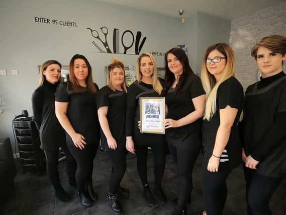 The Sheffield Star Salon of the Year 2018 winners Perfection Hair on Wolfe Road. Pictured (L-R) are Jodie Leybourne, Beth Wragg, Becky Stovin, Bethany Whitham, Diane Else , Nicole Dixon, Kieron Foster