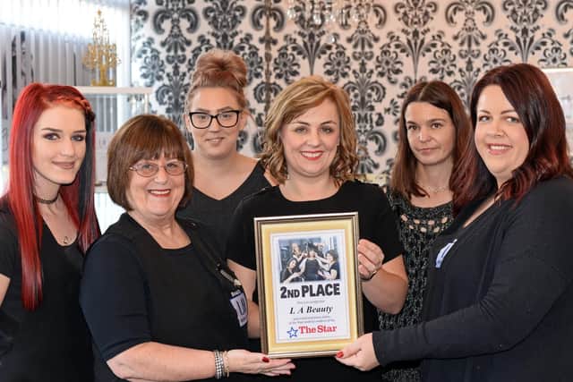 Louisa Ashforth, owner (middle) pictured with staff members Katie Paterson, Sue Chapman, both Beauty Therapists, Jodie Grayson, Roxanne Wasteney, both Stylists and Naomi McReynolds, Junior Stylist. Picture: NSST-13-12-18-LABeauty-1