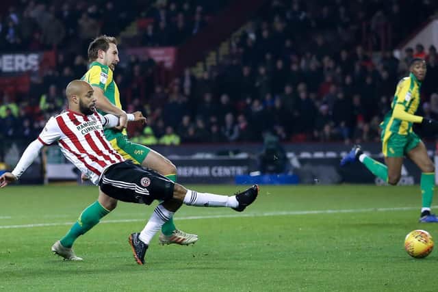 David McGoldrick puts Sheffield United ahead against West Bromwich Albion. Picture: James Wilson/Sportimage