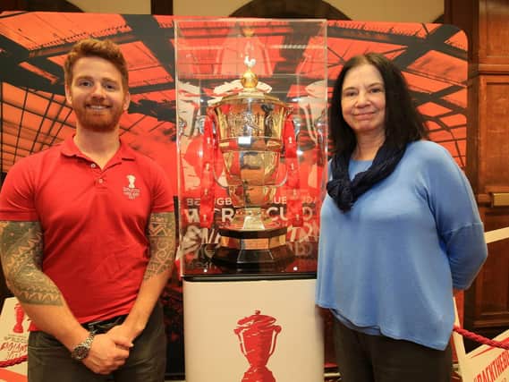 The Rugby League World Cup went on show at Sheffield Town Hall earlier this month. Pictured is player James Simpson and Cllr Mary Lea.