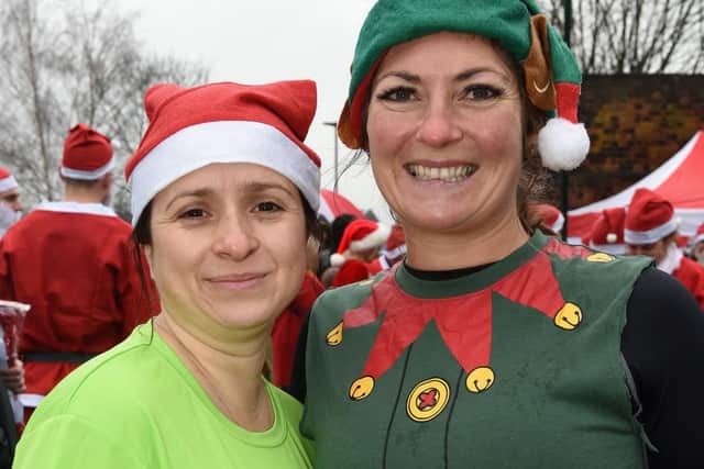 Angelica Zapata and Jacqui Naylor at the Sheffield Santa Run.