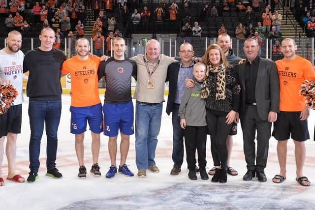 Sheffield Steelers players and staff who took part in the head shave. Picture: Dean Woolley.