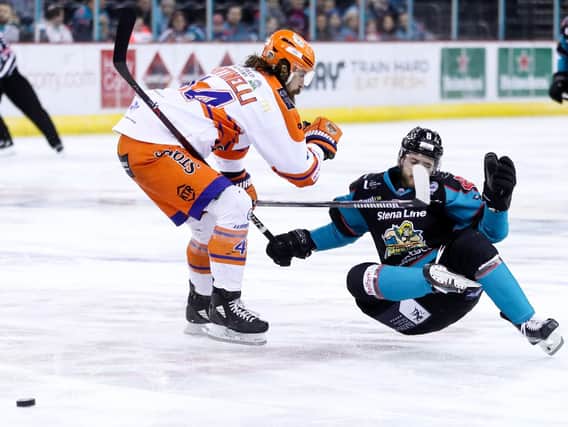 Belfast Giants' Lewis Hook decked by Sheffield Steelers' Ryan Martinelli during Sunday afternoons Elite Ice Hockey League game at the SSE Arena, Belfast.   Photo by William Cherry/Presseye