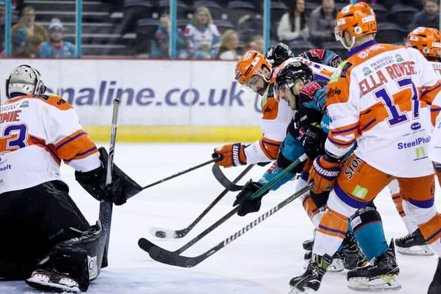 Belfast Giants' Kyle Baun with Sheffield Steelers' Matt Climie during Sunday afternoons Elite Ice Hockey League game at the SSE Arena, Belfast.  Photo by William Cherry/Presseye