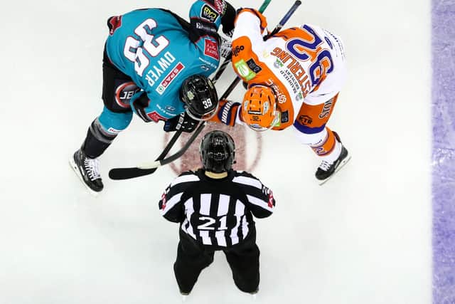 Face off... Steelers v Giants, Jonas Westerling during the Elite Ice Hockey League game at the SSE Arena, Belfast.    Photo by William Cherry/Presseye
