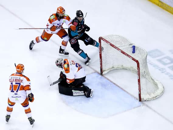 Belfast Giants' Jonathan Ferland with Sheffield Steelers' Matt Climie during Sunday afternoons Elite Ice Hockey League game at the SSE Arena, Belfast.  Photo by William Cherry/Presseye