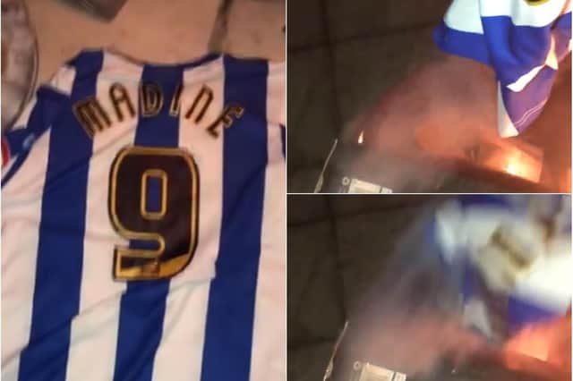 Sheffield Wednesday fan burning his Gary Madine shirt
