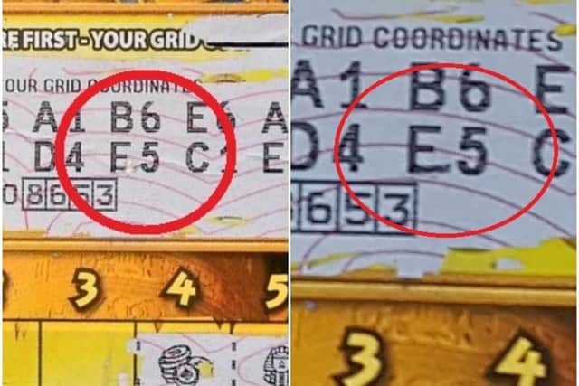 Two separate photographs of the scratchcard with Camelot say was altered. (Photo: SWNS)