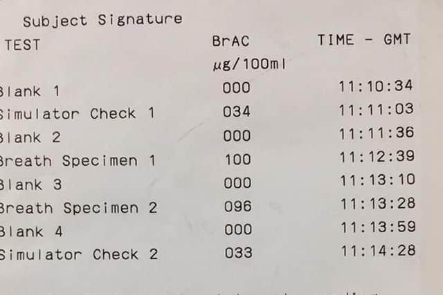 Readings from an alcohol breath test, showing a driver was nearly three times the legal limit when stopped on the M1 motorway in South Yorkshire