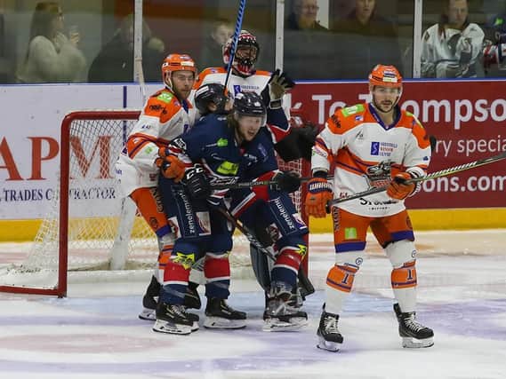 Stefan Della Rovere (right)  and goalie Matt Climie, behind, in their last performance for Steelers - a horrible defeat at Dundee Stars Pic by Derek Black