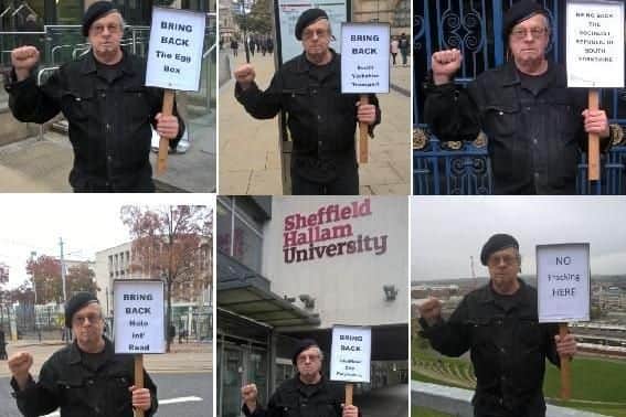 John Errington with some of his many placards
