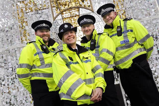 South Yorkshire Police's Sheffield city centre officers - (from left to right) Sgt Jonathan Greaves, Chief Insp Lydia Lynskey, Insp Matt Collings, Sgt Matt Burdett. Picture: Steve Ellis