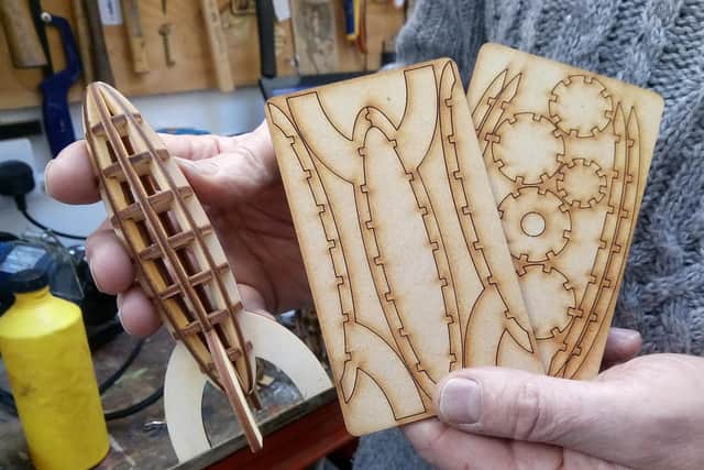 A close-up of the laser cut projects