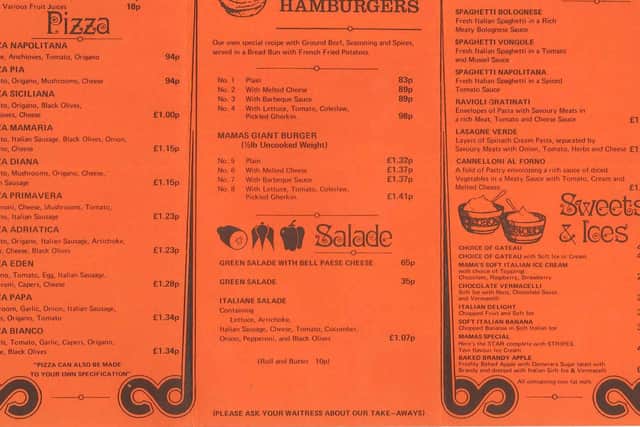 A 1970s menu at Mama's & Leonies, Norfolk Street, Sheffield