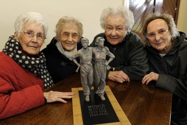 Launch of Star Walk at Hillsborough Sports Arena with Sheffield's Women of Steel with the Women of Steel Statue LtoR. Kathleen Roberts,Kitty Sollitt,Ruby Gascoigne,Dorothy Slingsby