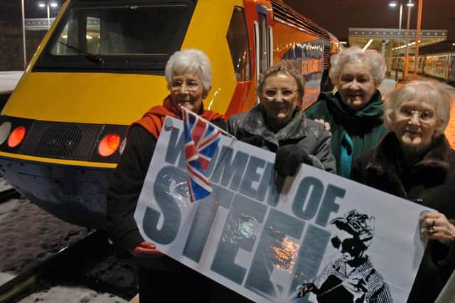 Women of Steel. Women of Steel  set off for Londaon from left.. Kathleen Roberts, Doeothy Slingsby,,Ruby Gascoigne and Kit Sollitt.