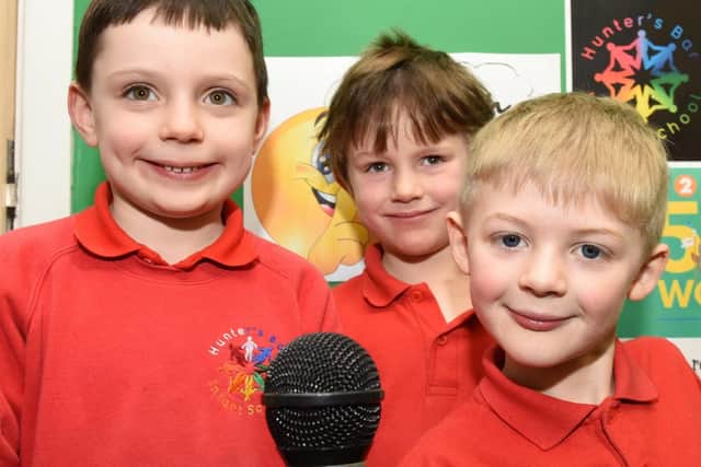 (l-r) Leo, Ben and Albert, of Hunter's Bar Infant School having been recording voice overs for the 500 words launch, which will be on the Radio 2 breakfast show with Zoe Ball.